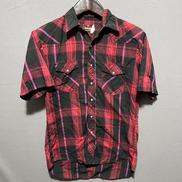 Wrangler Other - Wrangler Mens Western Pearl Snap Shirt Red Black Purple Plaid Short Sleeve M